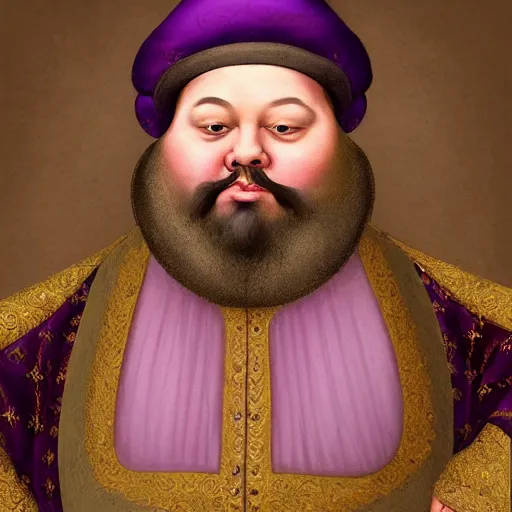 Prompt: A stunning portrait of a fat bearded renaissance era merchant wearing purple velvet finery. He has multiple chins and a huge gut. Epic fantasy art, , cinematic, digital painting, artstation, concept art, character design, smooth, sharp focus, illustration, illustration painting by Mandy Jurgens and Małgorzata Kmiec and Dang My Linh and Lulu Chen and Alexis Franklin and Filip Hodas and Pascal Blanché and Bastien Lecouffe Deharme, detailed intricate ink illustration