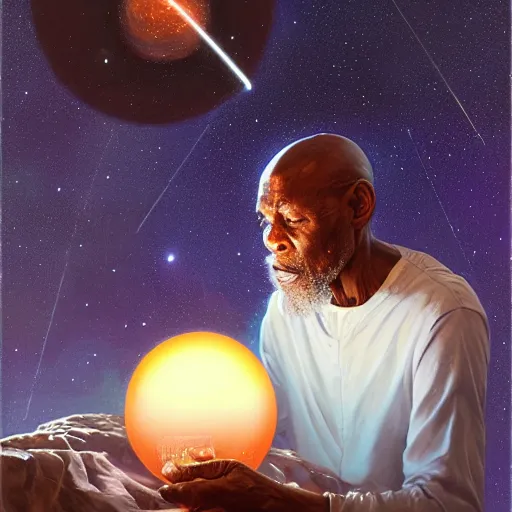 Prompt: an elder african psychic reading his crystal ball under a meteor shower, greg rutkowski and android jones and amanda sage, oil on canvas, 8k