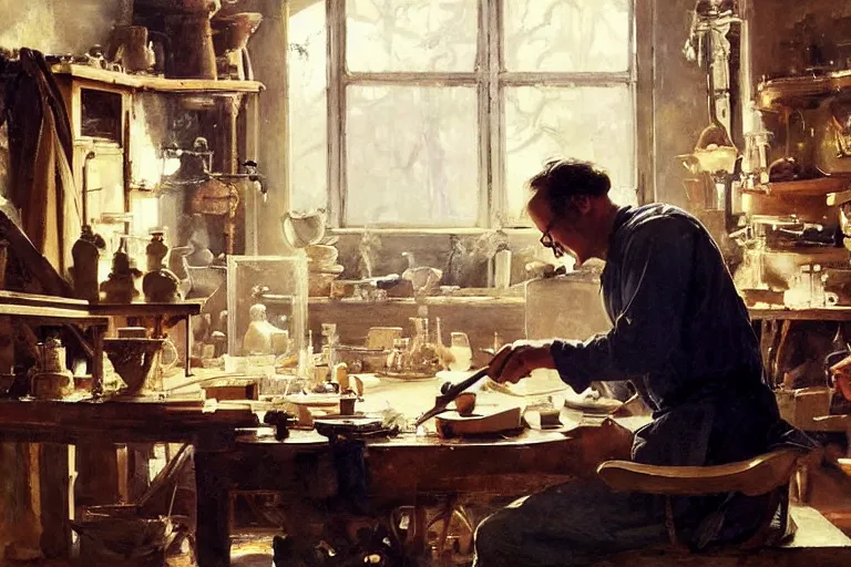 Image similar to oil painting of potter working on a beautiful piece in their workshop, art by anders zorn, wonderful masterpiece by greg rutkowski, beautiful cinematic light, american romanticism by greg manchess, jessica rossier and norman rockwell