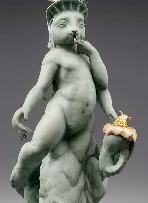 Image similar to A marble statue of a squirrel holding an acorn in the style of Statue of Liberty. museum photo