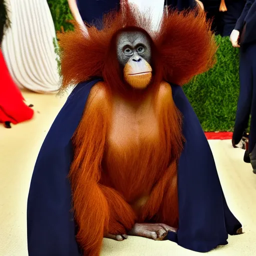 Prompt: An orangutan wearing a navy designer dress attending the Met Gala, hyperdetailed, photorealistic, high fashion