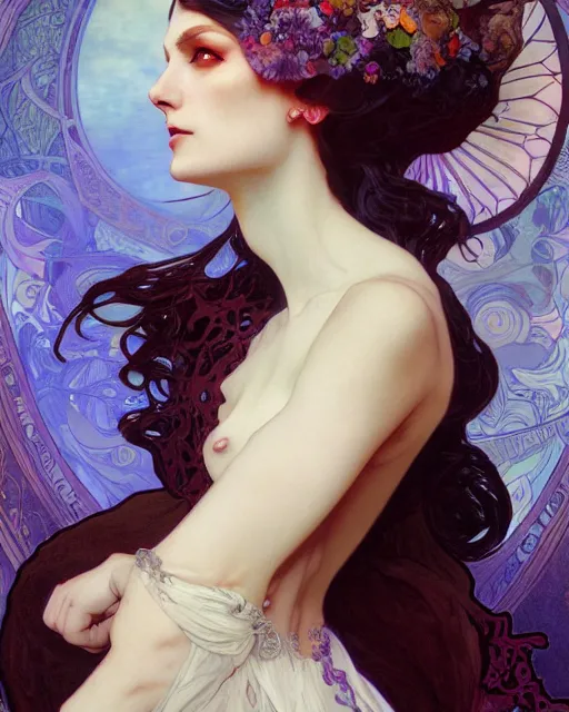 Prompt: wlop and alfons mucha detailed portrait digital rococo painting of a beautiful serious villainess wearing fantasy clothing like liliana vess, villainess has black angel wings, evil mood, hellish battlefield in the background, unreal engine, embers flying, hyper realism, realistic shading, cinematic composition, blender render, octane render, ultrawide shot