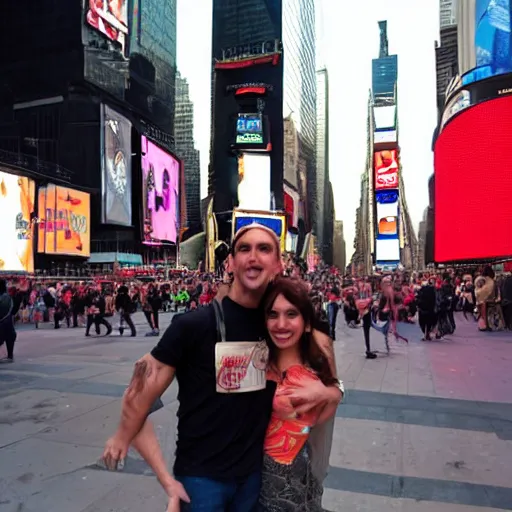 Prompt: adam and eve in times square with a snake overhead