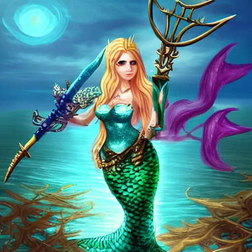 Image similar to fantasy mermaid warrior holding a sharp trident, sea background with sea weeds and small sea creatures, rpg, dota 2 art