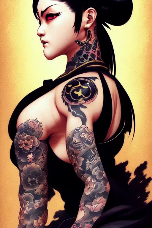 Image similar to portrait of goth Chun Li with yakuza tattoos, Street fighter, intricate, elegant, highly detailed, digital painting, artstation, concept art, smooth, sharp focus, illustration, art by artgerm and greg rutkowski and alphonse mucha