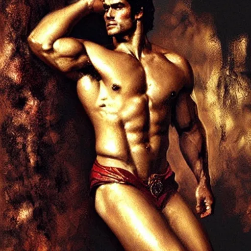 Image similar to Henry Cavill as a greek god, muscular, detailed face, thighs, painting by Gaston Bussiere, Craig Mullins