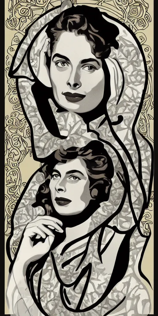 Image similar to ingrid bergman in the style of mucha