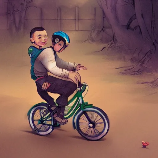 Image similar to a father helping his son ride a bike for the first time, flat graphic style, children's book illustration by Loish, Wenjun Lin