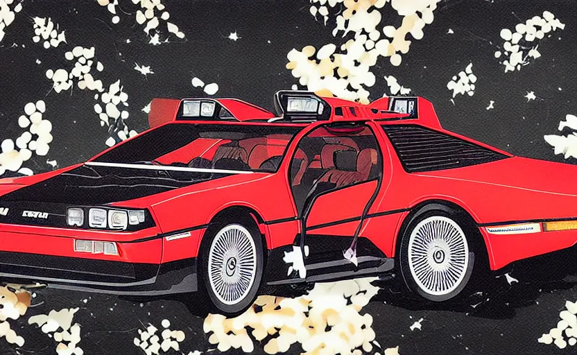 Image similar to a red delorean, tiger stripe backdrop, art by hsiao - ron cheng and utagawa kunisada, magazine collage, # e 4 e 6 2 0, # de 9 5 f 0