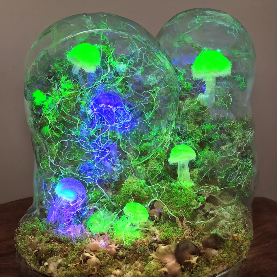 Image similar to a terrarium of bioluminescent mushrooms like jellyfish with veins