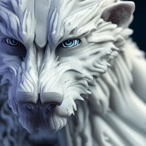 Image similar to a delicate marble sculpture dramatic portrait of a werewolf covered with water veil, highly detailed marble cloth, gi, global illumination, physically based rendering, photorealistic, top light, dark background