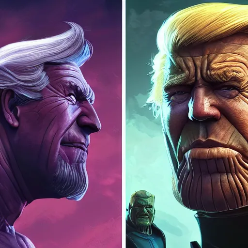 Prompt: joe biden is thanos vs trump, fantasy, high detail, elegant, digital painting, cinematic lighting, textured skin, highly detailed, artstation, unreal engine 5, breathtaking, illustration, ilya kuvshinov, nikolay makovsky