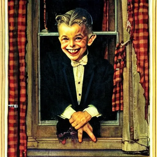 Image similar to smiling handsome young vampire count in the window. painting by Norman Rockwell.