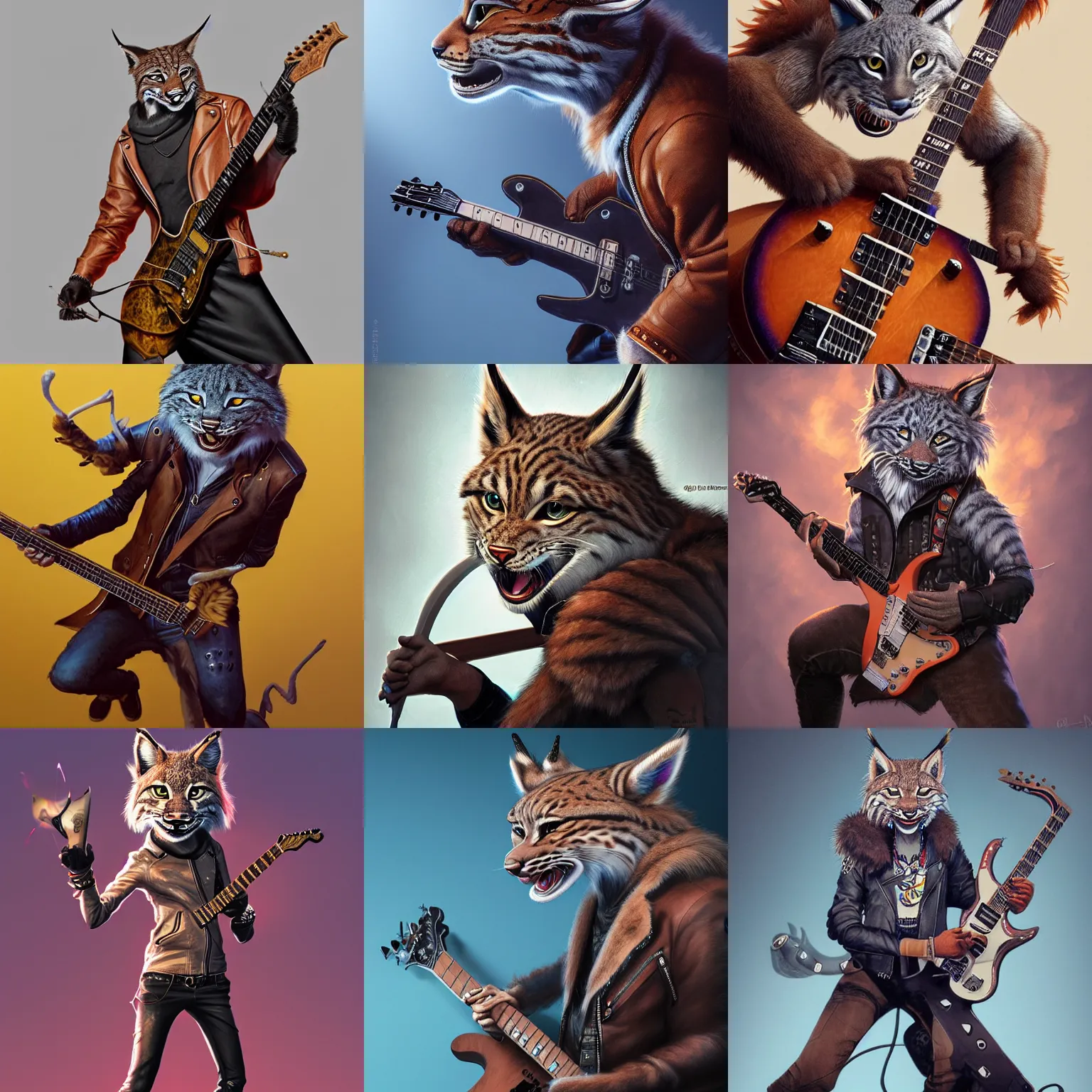 Prompt: an anthropomorphic lynx playing an electric guitar, leather jacket, fursona, dynamic, 3 d render, hyper - realistic detailed portrait, fantasy, magic the gathering, hyper detailed, octane render, concept art, wlop, artgerm, greg rutkowski