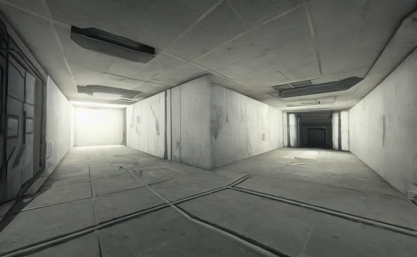 Image similar to in - game screenshot of a first person shooter on unreal engine 5, narrow modern hallways of a secret government facility, white dry wall, photorealistic, retrofuturism