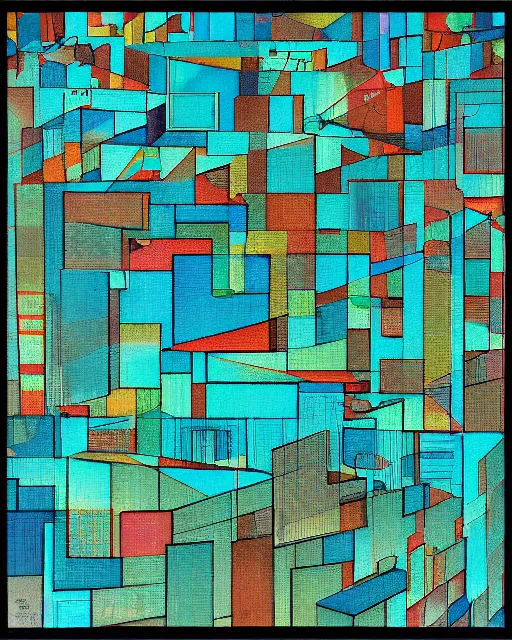 Prompt: a satellite view of a square city with geometric shapes by ramon chirinos, glitches, ocher and turquoise colors