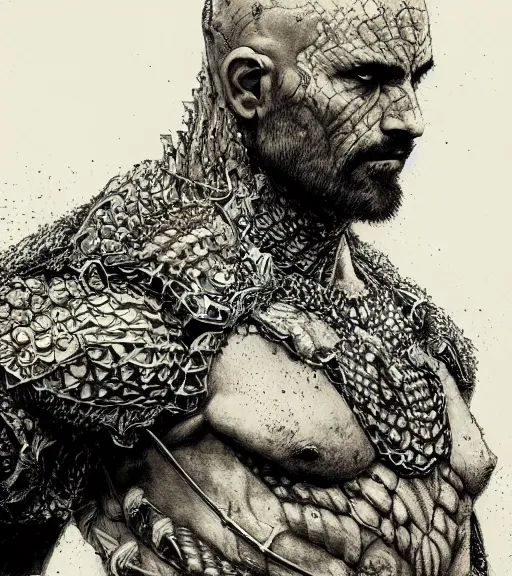 Image similar to portrait of strong bald man with scars in intricate dragonscale armor, pen and ink, intricate line drawings, by craig mullins, ruan jia, kentaro miura, greg rutkowski, loundraw