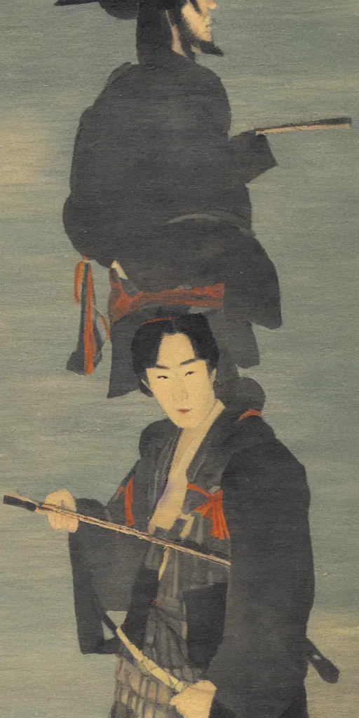 Image similar to romantic period style atmospheric oil painting of a Japanese Samurai