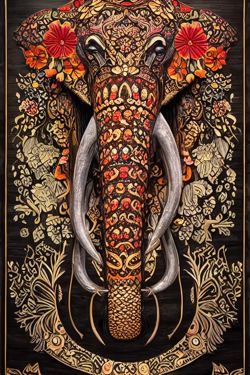 Prompt: Painted dark-wood relief carving of a Flowerpunk Matriarch Elephant, explosion of colorful flowers, dark wood, intricately carved, black ink, festival of rich colors, intricate details, cinematic lighting, volumetric lighting, post-processing, by andreas rocha and john howe, and Martin Johnson Heade, featured on artstation, featured on behance, golden ratio, hyper detailed, photorealistic, epic composition, center spotlight, f32, well composed, UE5, 8k