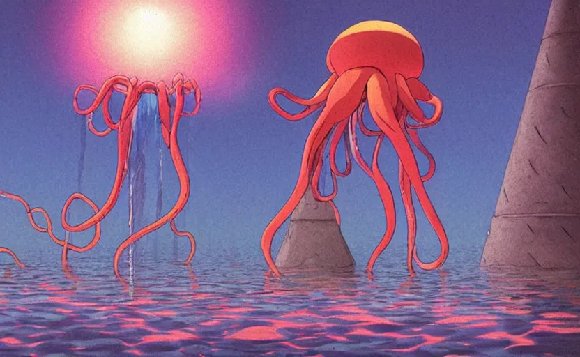 Prompt: a realistic cell - shaded studio ghibli concept art from paprika ( 2 0 0 6 ) of a flying multi - colored octopus from close encounters of the third kind ( 1 9 7 7 ) and dimensional portal to another world above a flooded pyramid complex on a misty starry night. very dull colors, wide shot, hd, 4 k, hq