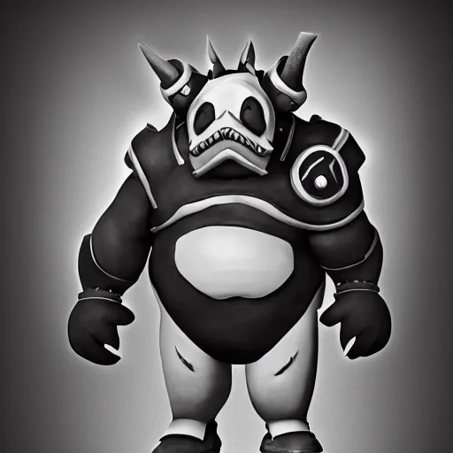 Image similar to full body shot of roadhog from overwatch as a real, imposing person. photograph, black and white