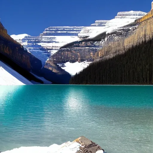 Prompt: Lake Louise but the mountains are made of paper