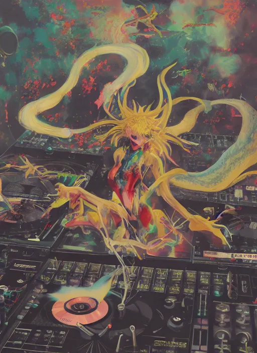 Image similar to surreal gouache painting, by yoshitaka amano, by ruan jia, by Conrad roset, by good smile company, detailed anime 3d render of chemical magical flying Vinyl records close to the DJ Mixer, deck surrounded by chemical magical Dragonflies, Vinyl records, controller, portrait, cgsociety, artstation, rococo mechanical and Digital and electronic, dieselpunk atmosphere