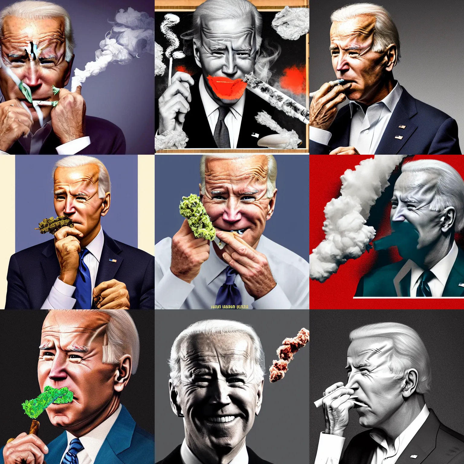 Image similar to A portrait of joe biden smoking a rolled marijuana joint, smoke, 8k, hyper detailed