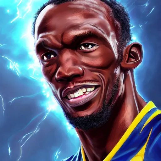 Image similar to portrait of usain bolt godspeed thunder of zeus, anime fantasy illustration by tomoyuki yamasaki, kyoto studio, madhouse, ufotable, square enix, cinematic lighting, trending on artstation