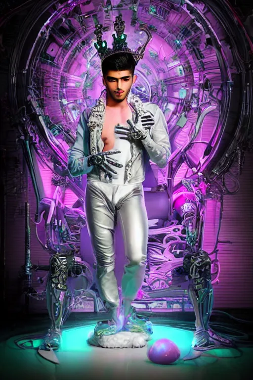 Prompt: full-body rococo and cyberpunk style neon statue of a muscular attractive Zayn Malik macho dotado e rico android sim roupa reclining con las piernas abertas e la piroca dura, glowing white laser eyes, prince crown of pink gears, diamonds, swirling silver-colored silk fabric. futuristic elements. full-length view. space robots. human skulls. intricate artwork by caravaggio. Trending on artstation, octane render, cinematic lighting from the right, hyper realism, octane render, 8k, depth of field, 3D