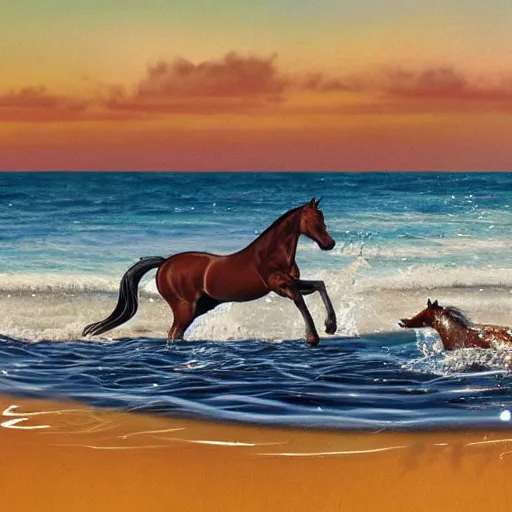 Image similar to horse swimming in the ocean with fork and knife, photorealistic, high detail