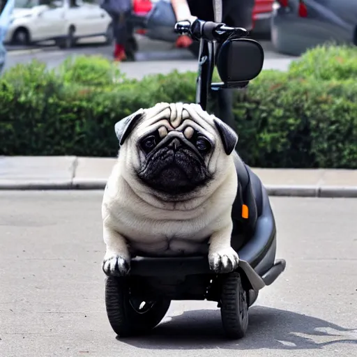 Image similar to a morbidly obese pug riding a mobility scooter, high resolution photo