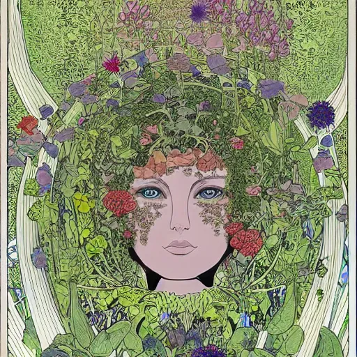 Image similar to an illustration of a beautiful garden forming the face of a beautiful goddess, painted by moebius and james jean