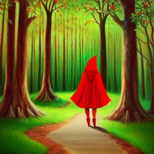 Image similar to oil painting of little red riding hood walking through a dark forest, flanked by brugmansia suaveolens trees with beautiful white flowers, scary