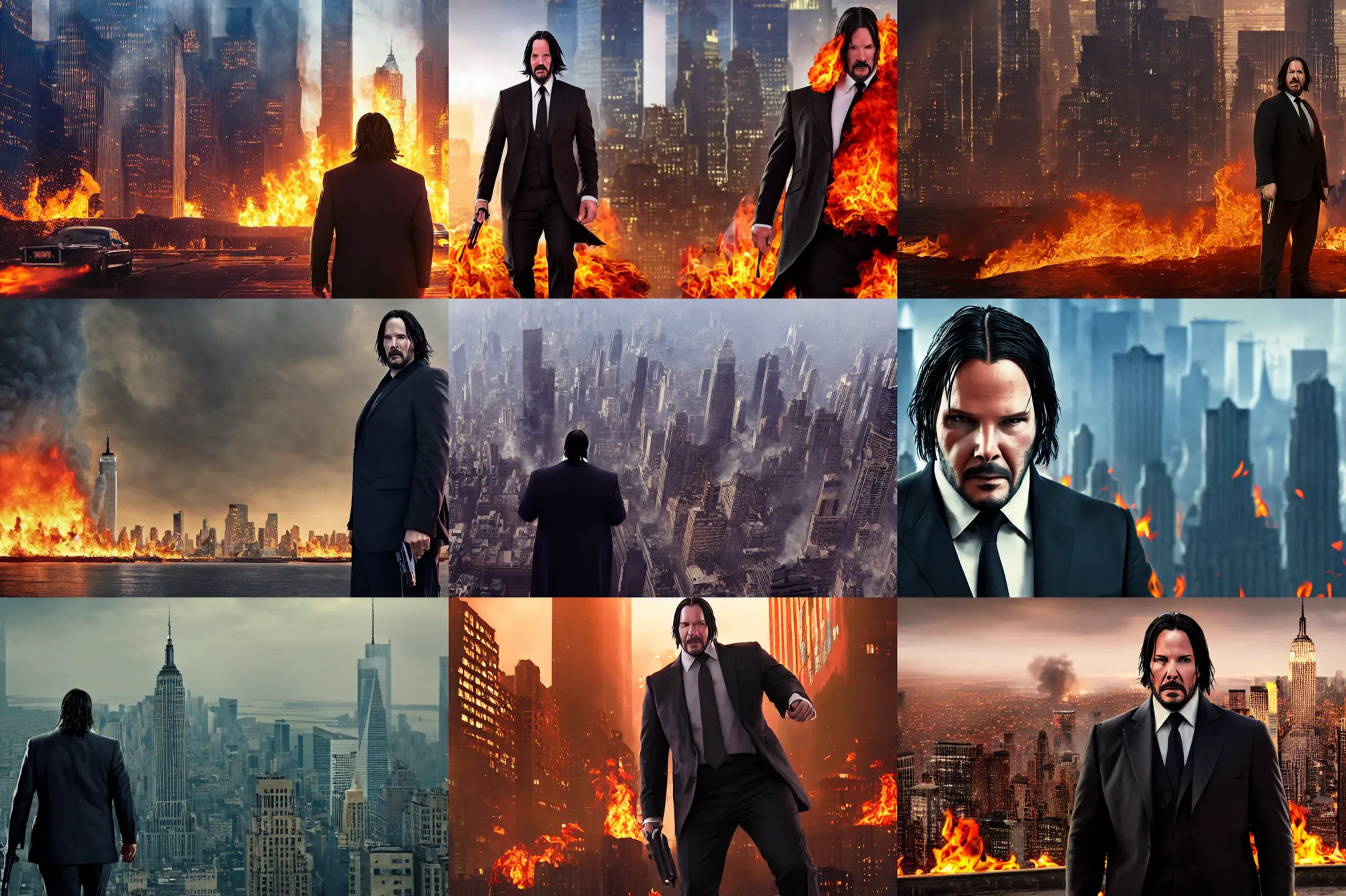 Prompt: gigantic obese hyperrealistic megalophobic John Wick towers over the burning city of New York, 8K resolution, ultra detail, dim lighting