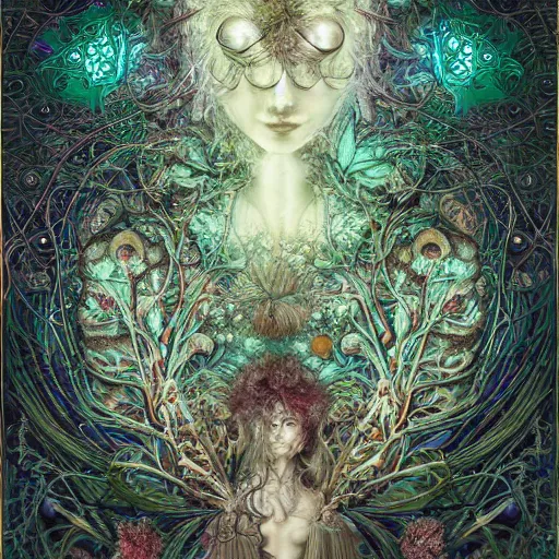 Prompt: a 3 d bioluminescent radically alive world of mushroom fractals and butterflies, intricate mycelial lace, biopunk, rococo, inspired by peter mohrbacher & james jean & william morris & ernst haeckel & android jones — w 7 0 0