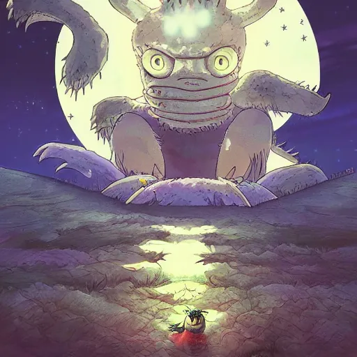 Prompt: friendly monster made by Hayao Miyazaki, studio ghibli artstyle, night, stars, beautiful scene, smooth, detailed, high detail,high quality, 8k anime, detailed , detailed monster