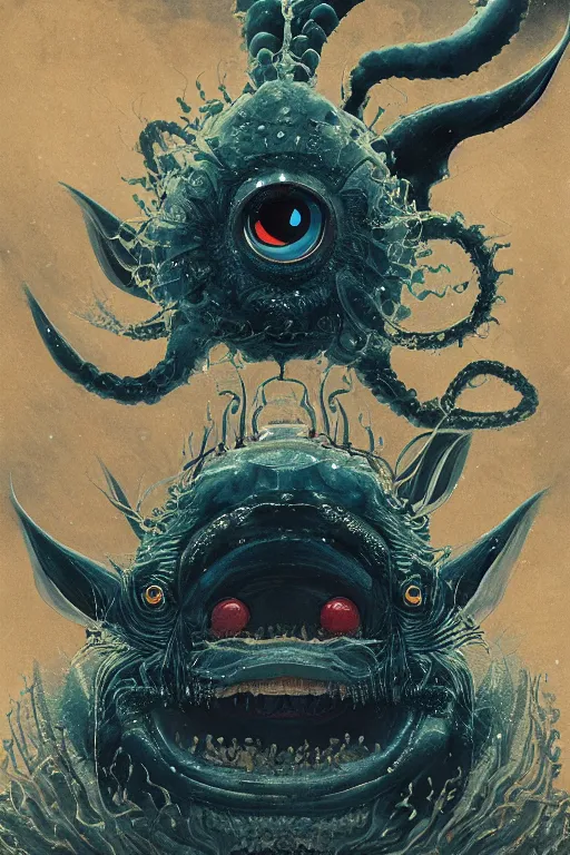 Prompt: a portrait of a deep sea japanese devil animal with big eye illustrated by miyazaki by karol bak, james jean, tom bagshaw, rococo, sharp focus, trending on artstation, cinematic lighting, hyper realism, octane render, 8 k, hyper detailed, vivid, ultra detailed, highly detailed