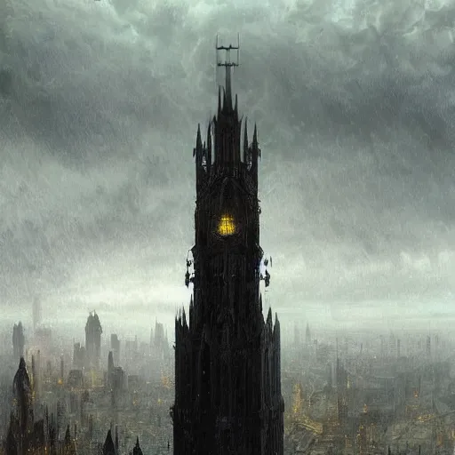 Prompt: an ultra detailed tarot card of a lonely and impossibly tall ominous gothic dark tower elevated high above the city, in a river elevated high above the city, fantasy capital city, ultrawide lense, aerial photography, scary thunderstorm, light fog, volumetric lighting, exquisite detail, 8 k, art by greg rutkowski and alphonse mucha