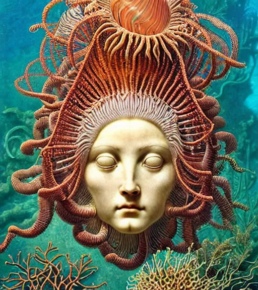 Prompt: hyperrealistic detailed underwater face portrait of the beautiful god of the jellyfish with an intricate headgear of corals, sea kelp, sea plants, fish, starfish, jellyfish, art by ernst haeckel, victor ngai, john william godward, gothic, neo - gothic, ornamental, beautiful deep colours,