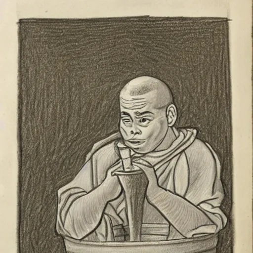 Prompt: pencil sketch of a monk drinking mead from a barrel