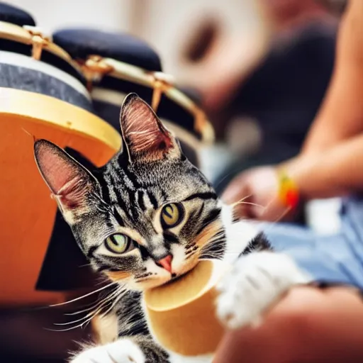 Prompt: a cat playing the bongos, stock photo