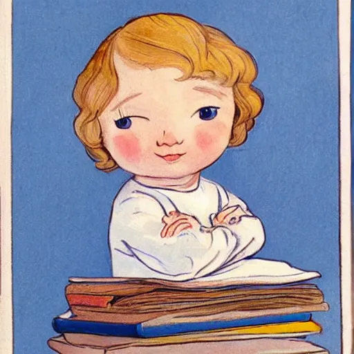 Image similar to the word fee is at the top of the image. a cute little girl with a round cherubic face, blue eyes, and short wavy light brown hair sitting on top of a stack of books. beautiful cartoon painting with flat colors and highly detailed face, outlining, children's storybook