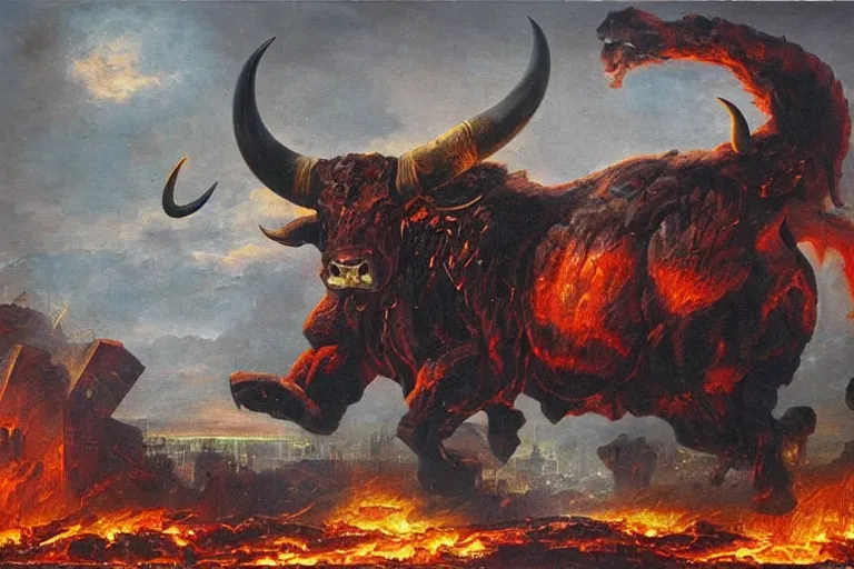 Prompt: immense, colossal demon bull with bulging muscles and fiery eyes rampaging across the burning ruins of a city, oil painting,