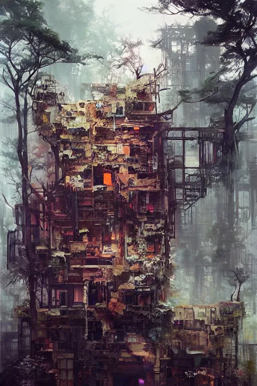 Image similar to (((((a ramshackle Manhattan brick brownstone deep in the forest))))) by Wenjun Lin!!!!!!!!!!!!!!!!!!!!!!!!!!!