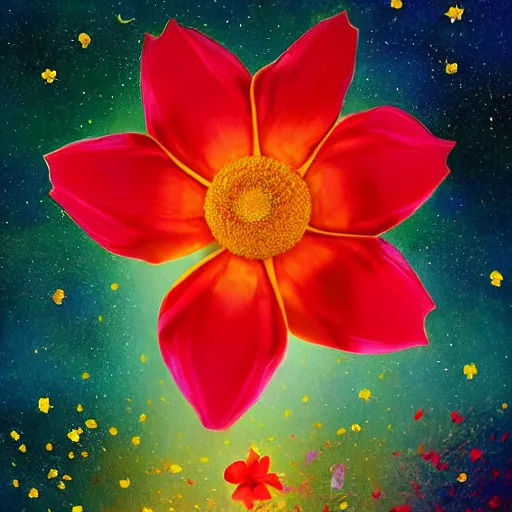 Image similar to Not often, but occasionally. A star is born in a flower. Nestled in a soft bed of pollen and petals it can grow in the most unlikely of places. Just waiting for a lucky creature to find it,night star sky background Galaxys, red and yellow flower by Gediminas Pranckevicius