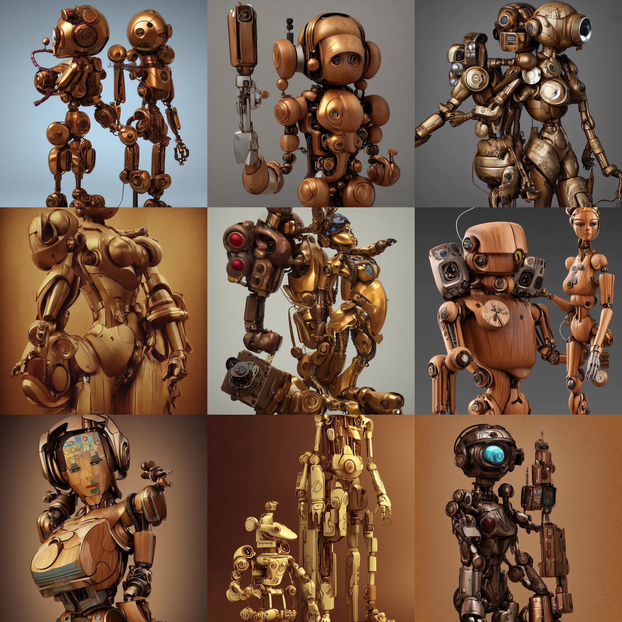Prompt: 3 d octane render ultra photo realistic, wood figurine art cute robot wood, cyberpunk, concept art award winning, style popart by loftis cory, jean james alphonse mucha