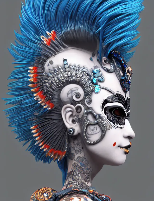 Image similar to 3 d photo realistic goddess close - up profile portrait punk with mohawk with ram skull. beautiful intricately detailed japanese crow kitsune mask and clasical japanese kimono. betta fish, jellyfish phoenix, bio luminescent, plasma, ice, water, wind, creature, artwork by tooth wu and wlop and beeple and greg rutkowski