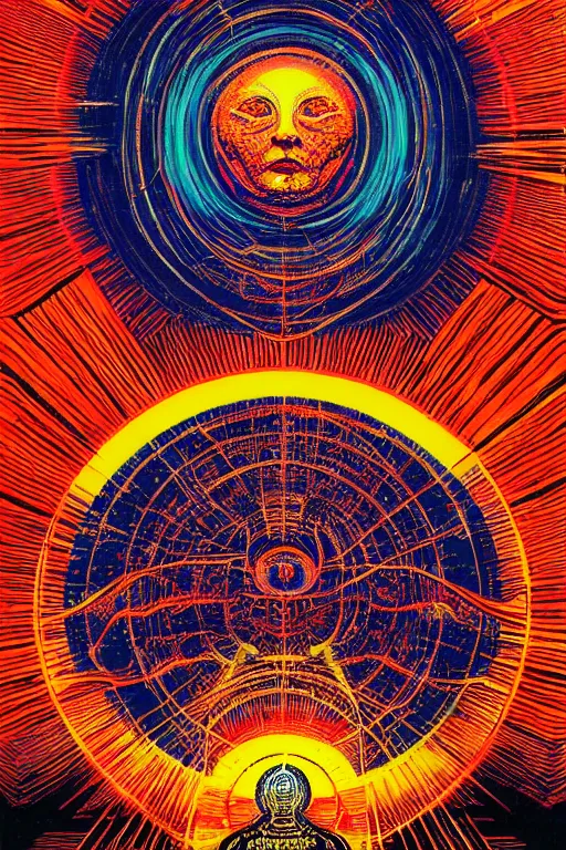 Prompt: a painting of a blazing geometric sun above a techno buddha, detailed, 4 k, by stanley donwood philippe druillet and victo ngai,