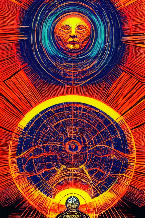 Image similar to a painting of a blazing geometric sun above a techno buddha, detailed, 4 k, by stanley donwood philippe druillet and victo ngai,